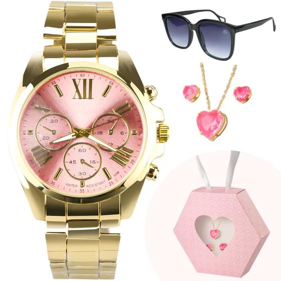 Imagem de relogio feminino aço dourado + colar brincos + oculos sol presente caixa premium casual social rosa qualidade premium
