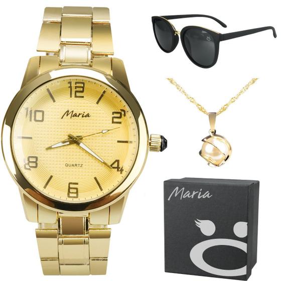 Imagem de Relógio feminino aço dourado + oculos sol + colar proteção uv perola presente strass casual social
