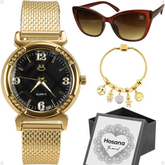 Imagem de Relógio Feminino Aço Dourado Personalizável + Pulseira Pandora + Óculos Sol Proteção UV + Caixa - Orizom Maria