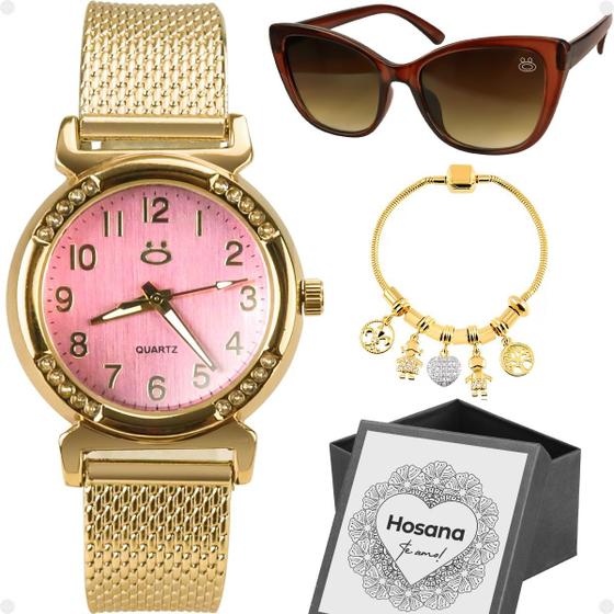 Imagem de Relogio feminino aço dourado + pulseira + oculos sol + caixa marrom ajustavel gatinho social casual