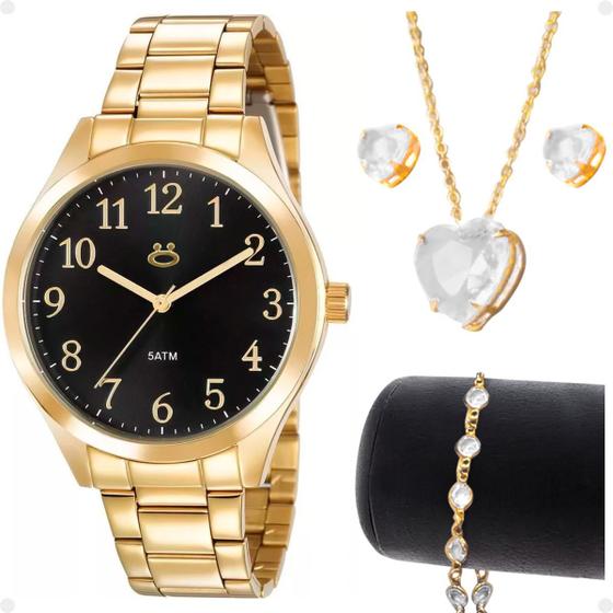 Imagem de Relogio feminino aço inox banhado + colar strass + brincos presente casual social moda pulseira