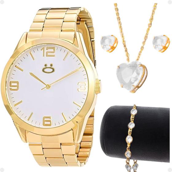 Imagem de relogio feminino aço inox banhado + colar strass + brincos pulseira moda inoxidável casual social