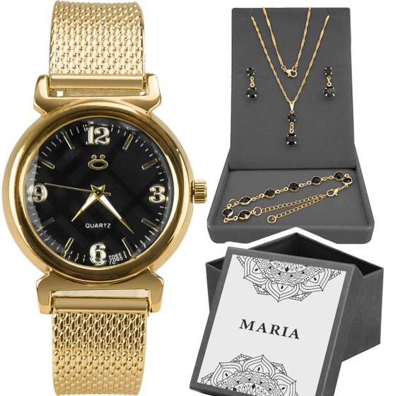 Imagem de Relógio feminino aço inox + caixa + colar strass + pulseira strass dourado casual moda