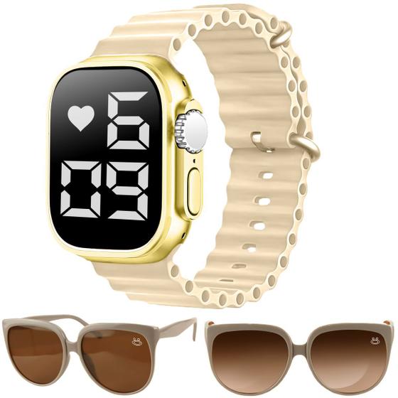 Imagem de Relógio feminino aço inox led ultra + oculos sol qualidade premium dourado garantia proteção uv bege