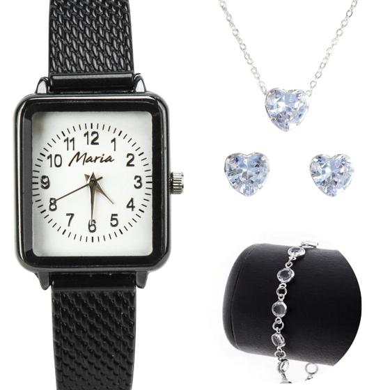 Imagem de Relogio feminino aço inox preto + pulseira + colar strass qualidade premium delicado preto quadrado