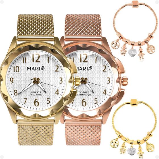 Imagem de Relogio feminino aço inox rose + relogio feminino prova dagua dourado kit resistente original silicone social combo