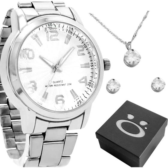Imagem de relogio feminino aço prata + caixa brincos + colar strass casual resistente social ponteiro aço inoxidável aço inox