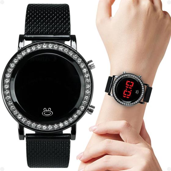 Imagem de Relogio Feminino Aço Preta Led Strass social redondo presente casual ajustavel
