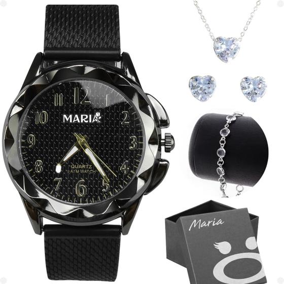 Imagem de relogio feminino aço prova dagua + caixa + colar brinco moda ajustavel qualidade premium original silicone coração preto social zirconia