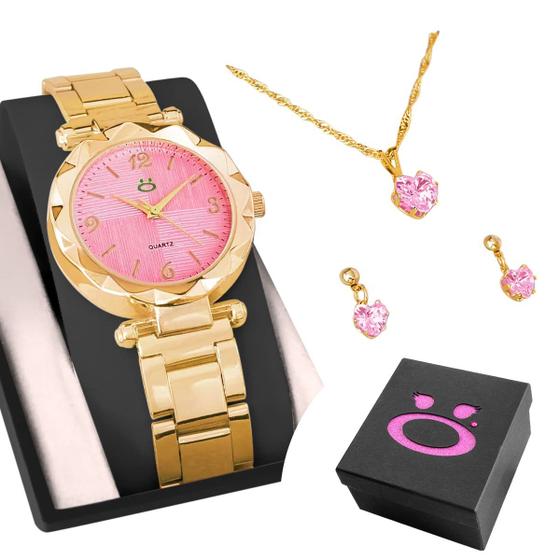 Imagem de Relogio Feminino Aço Rosa + Caixa + Colar Strass original delicado presente qualidade premium social