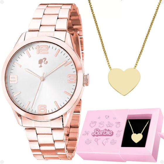 Imagem de relogio feminino aço rose + colar coração barbie + caixa presente social original rose edição limitada qualidade premium