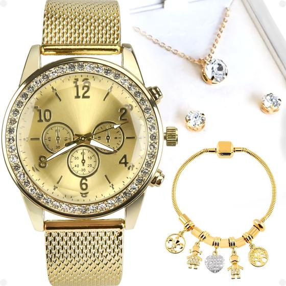 Imagem de relogio feminino aço strass + pandora social dourado redondo delicado moda banhado presente