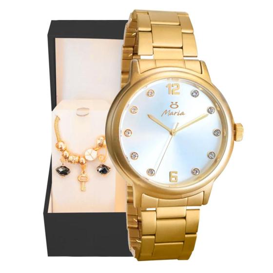 Imagem de Relógio Feminino Analógico Banhado a Ouro Qualidade Premium + Pulseira Berloque + Caixa Presente
