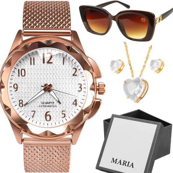 Imagem de Relogio  feminino casual rose+  oculos de sol  marrom+  colar e brincos coracao strass dourado+caixa presente