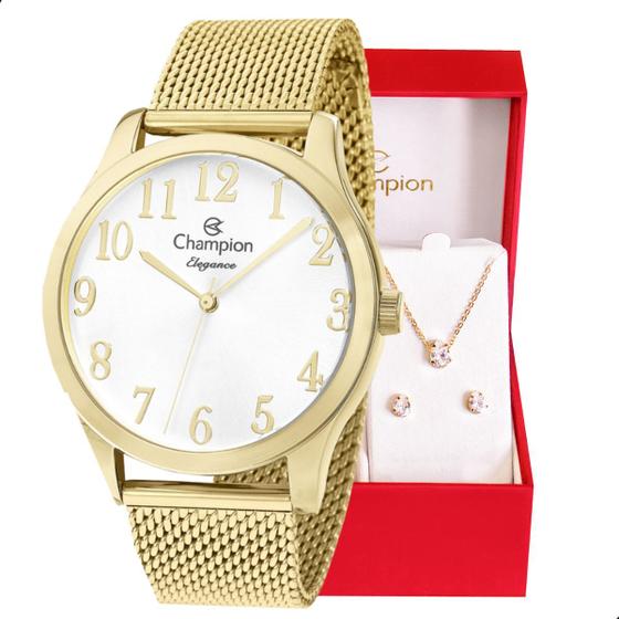 Imagem de Relógio Feminino Champion Analógico Dourado Pulseira Mesh CN26019B Colar e Brincos