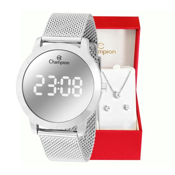 Imagem de Relógio Feminino Champion Digital Espelhado Pulseira Mesh CH40106S Colar e brincos