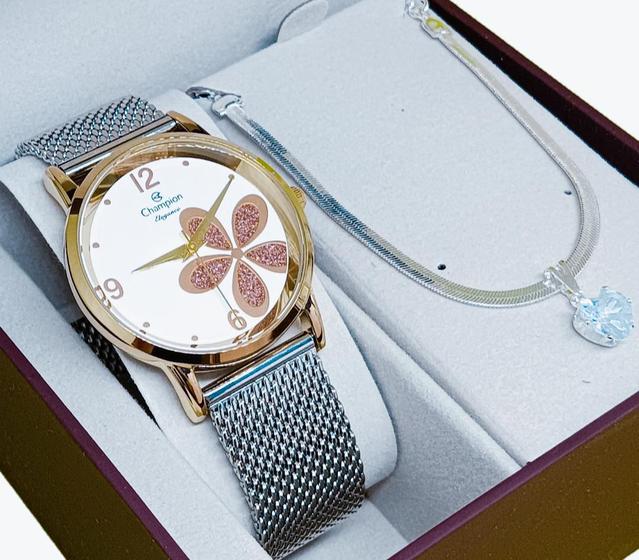 Imagem de Relógio Feminino Champion Original a Prova D'água Prata Com Dourado Flor Lançamento 315H