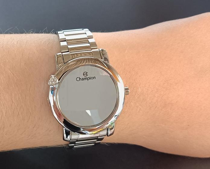 Relógio Feminino Champion Original Digital Prata Espelhado Led Branco Coração Strass CH48064Q