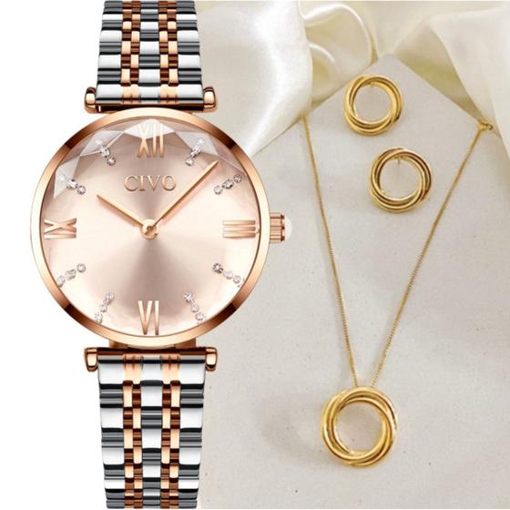 Imagem de Relógio Feminino CIVO Original de Pulso Dourado com Pulseira Dourada e Prateada, à Prova d'Água, com Semi Joia Colar e Brincos Folheados em Ouro 18K