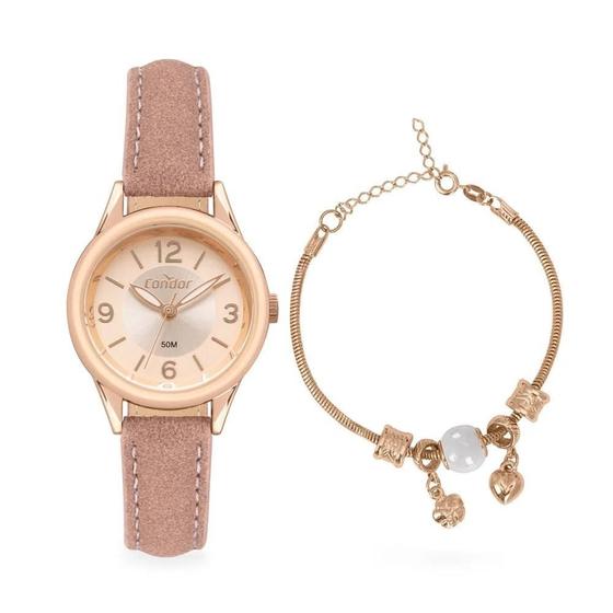 Imagem de Relógio Feminino Condor Dourado Rose + Pulseira Com Berloque