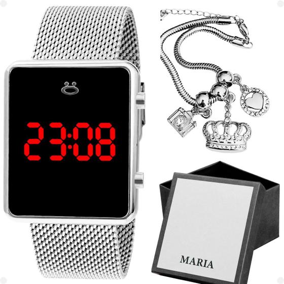 Imagem de relogio feminino digital aço inox + caixa pulseira delicada casual social qualidade premium pulseira ajustável prata led