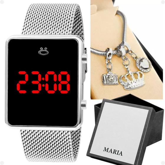 Imagem de Relogio feminino digital aço inox + caixa + pulseira qualidade premium social casual prata