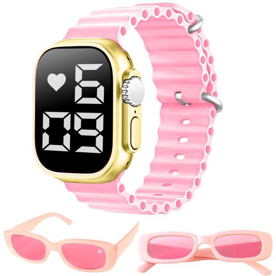 Imagem de Relógio feminino digital aço inox led ultra + oculos sol rosa garantia presente original acetato