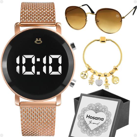 Imagem de Relogio feminino digital aço + oculos sol + pulseira + caixa moda inoxidável preto silicone dourado