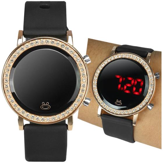 Imagem de Relogio feminino digital dourado + aço inox led strass presente casual silicone ajustavel moda led