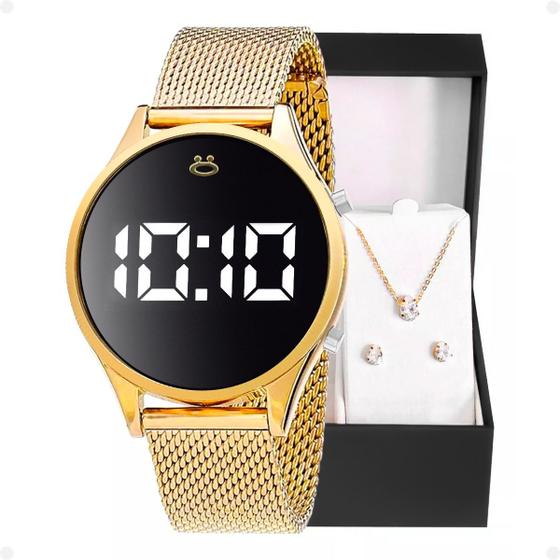 Imagem de Relógio Feminino Digital Dourado Aço Inox Pulseira Ajustável + Brincos + Colar - Banhados - Orizom Maria