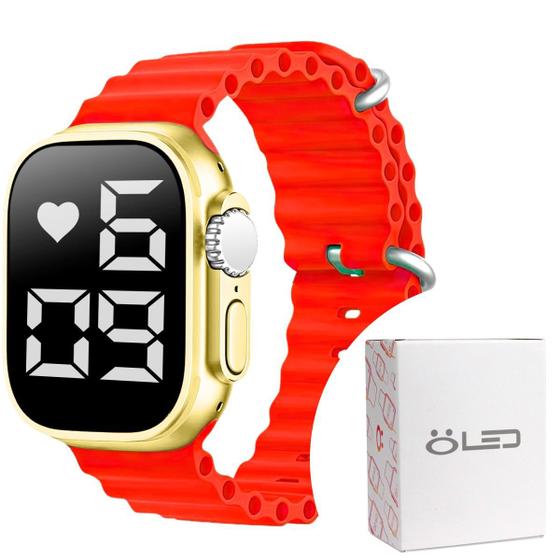 Imagem de Relógio feminino digital led ultra silicone aço inox + caixa garantia presente dourado laranja