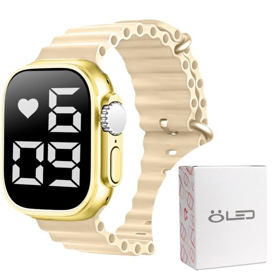Imagem de Relógio feminino digital ultra silicone led aço inox + caixa garantia presente original dourado bege qualidade premium