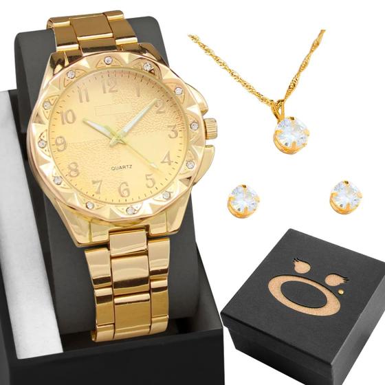 Imagem de Relogio Feminino Dourado Aço + Brinco Colar Strass + Caixa banhado social casual presente qualidade premium ponteiro original inoxidável