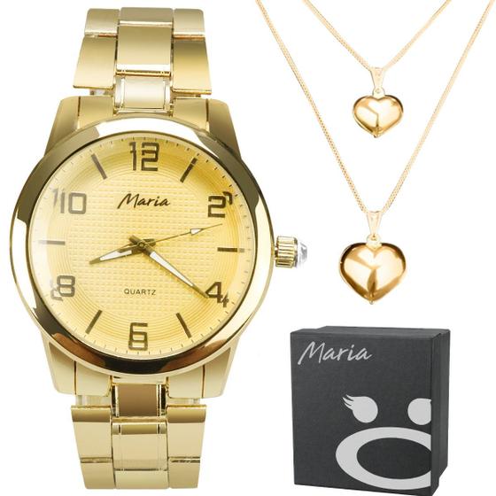 Imagem de Relogio Feminino Dourado Aço + Caixa Colar Duplo Coração Social Qualidade Premium Original Presente