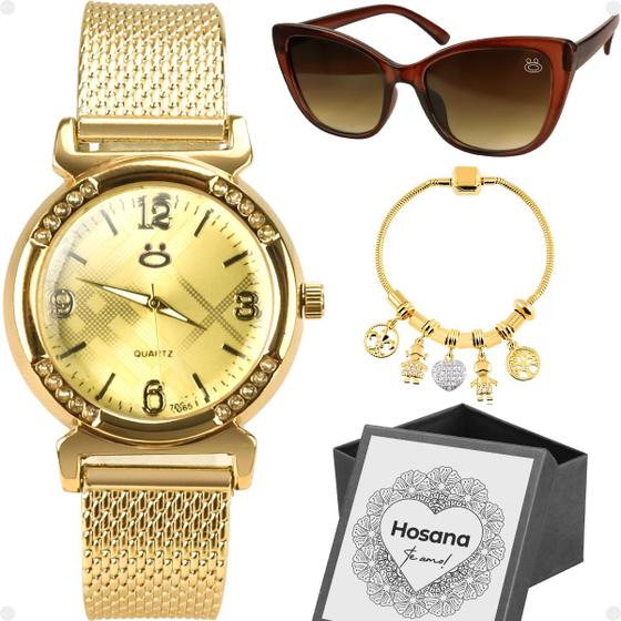 Imagem de Relogio Feminino Dourado Aço + Caixa + Pulseira + Oculos Sol proteção uv personalize social silicone