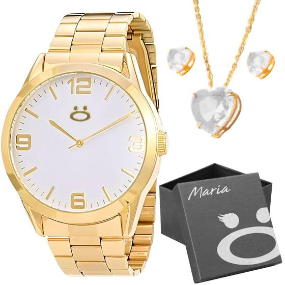 Imagem de Relogio feminino dourado aço inox + colar + caixa + brincos qualidade premium moda casual presente