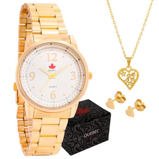 Imagem de Relógio Feminino Dourado Banhado a Ouro 18k Quebec com Colar e Brincos