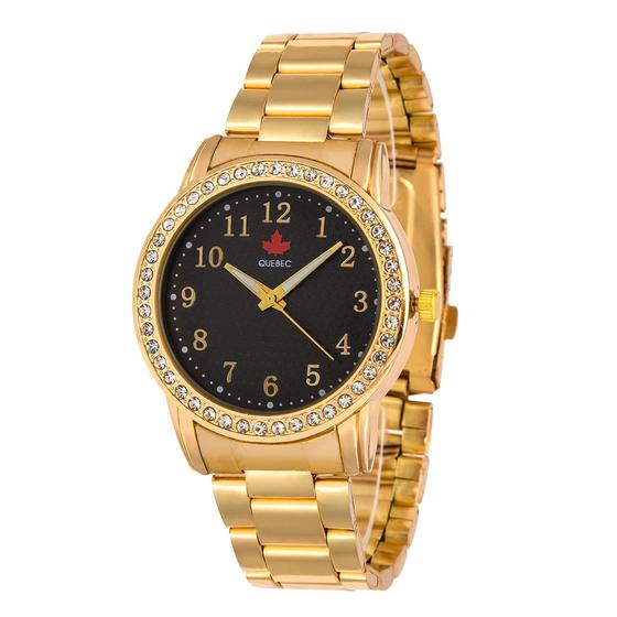 Imagem de Relógio Feminino Dourado Banhado a Ouro Quebec Original Fundo Preto