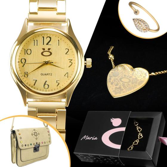 Imagem de Relogio feminino dourado banhado aço + pulseira + anel + colar social presente ouro casual