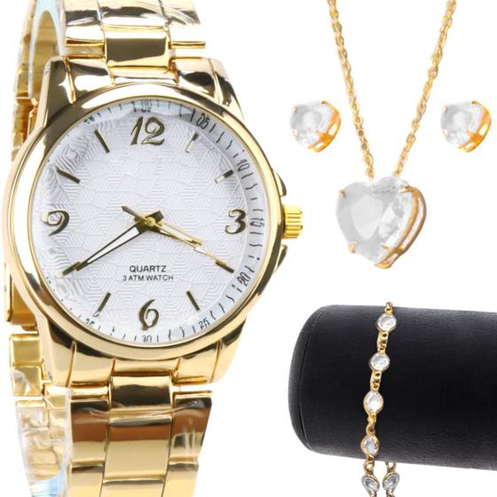 Imagem de Relógio feminino dourado + brinco colar pulseira qualidade premium social aço inoxidável presente