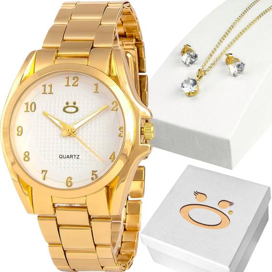 Imagem de relógio feminino dourado + colar strass brinco + pulseira pallyjane casual strass aço inoxidável qualidade premium social presente original