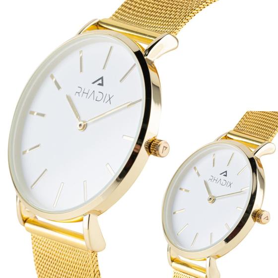 Imagem de Relógio Feminino Dourado Gold De Pulso Moderno Clássico Rhadix Fundo Branco Correia Dourada Moderno Clássico Minimalista