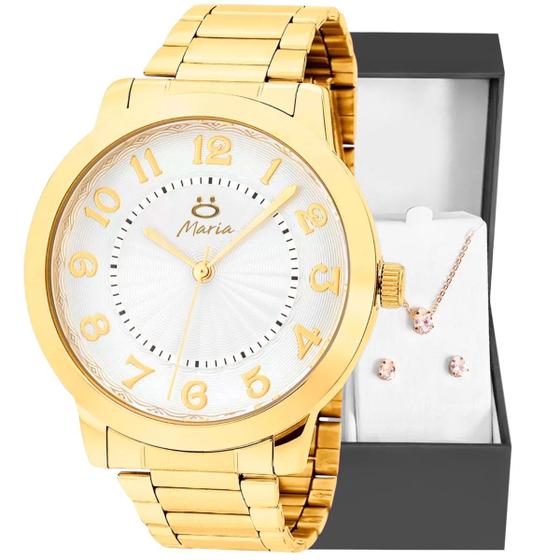 Imagem de relogio feminino dourado inox aço + colar + brincos + caixa moda casual presente social strass