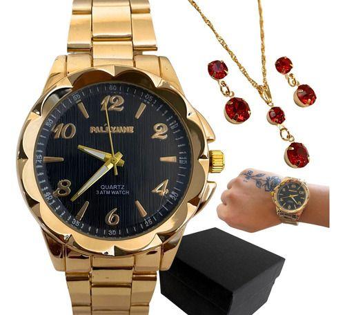 Imagem de Relógio Feminino Dourado Luxo + Conjuto Folheados + Brincos