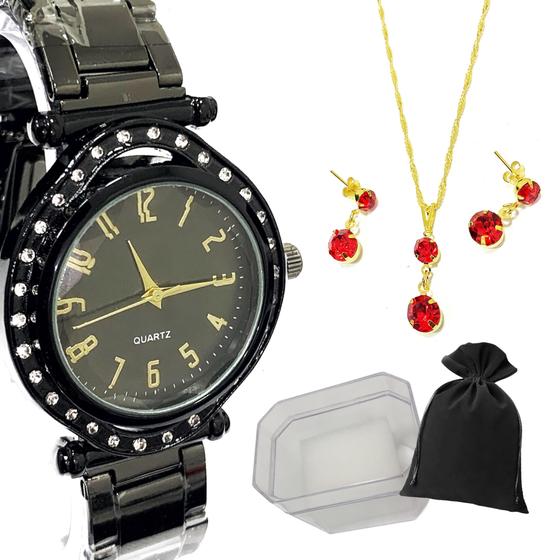 Imagem de Relogio Feminino Dourado Moderno Aço Inox + Kit Folheado