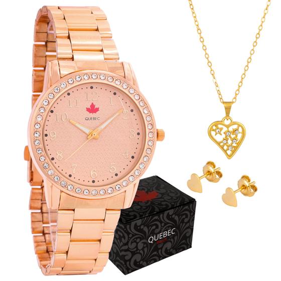 Imagem de Relógio Feminino Dourado Ouro Rosé Original com Colar e Brincos