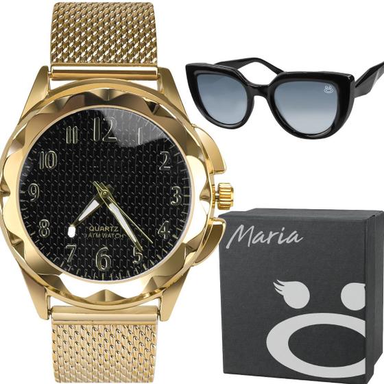 Imagem de Relógio Feminino Dourado Prova D'água Original + Oculos Casual Proteção UV400 Premium