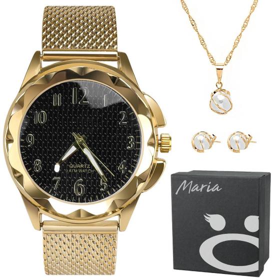 Imagem de Relogio Feminino Dourado Prova Dagua Aço + Pulseira