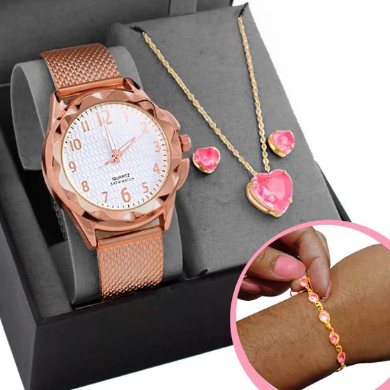 Imagem de Relogio feminino dourado prova dagua banhado + caixa + colar + pulseira Rose social moda coração