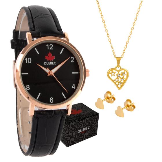 Imagem de Relógio Feminino Dourado Pulseira de Couro Original Quebec + Colar e Brincos
